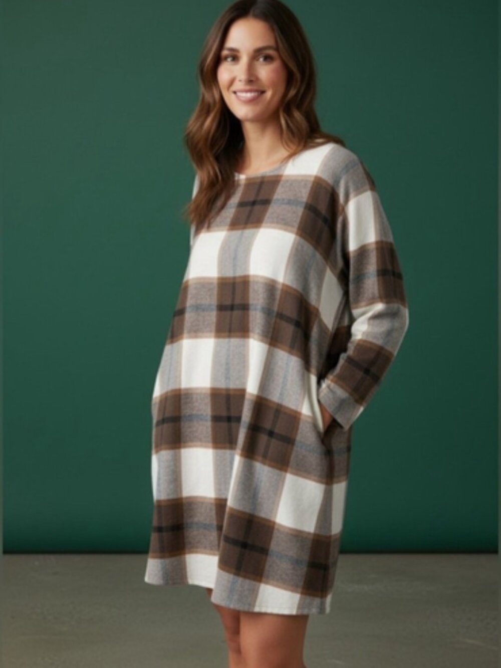 Eternelle Giovanna Plaid Dress in Brown and Cream